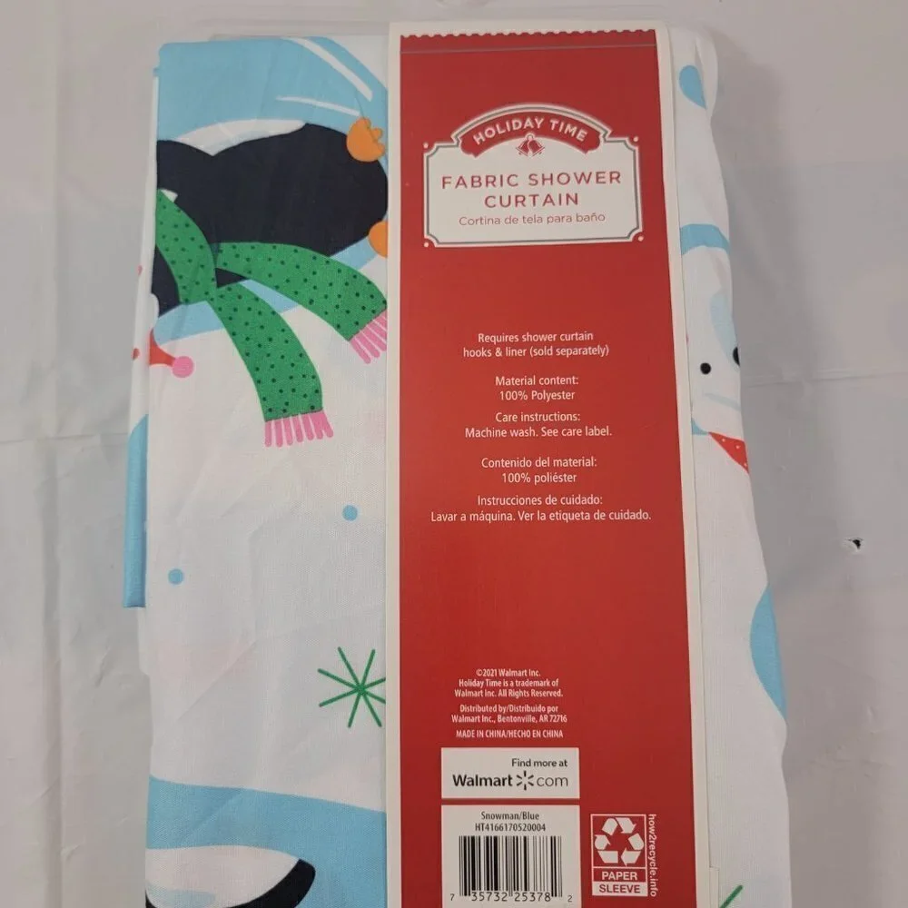 Snowman Blue Printed Christmas Fabric Shower Curtain - Size 72”x72”